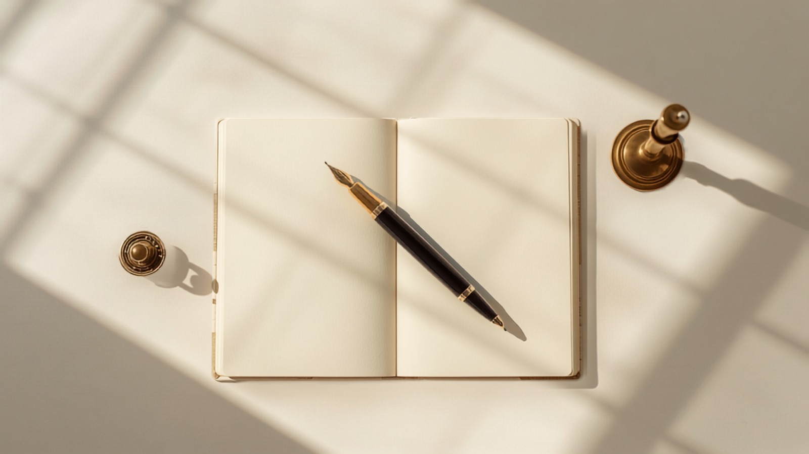 Ruhiger Arbeitsplatz eines Event Concierge mit Notizbuch und Kerze