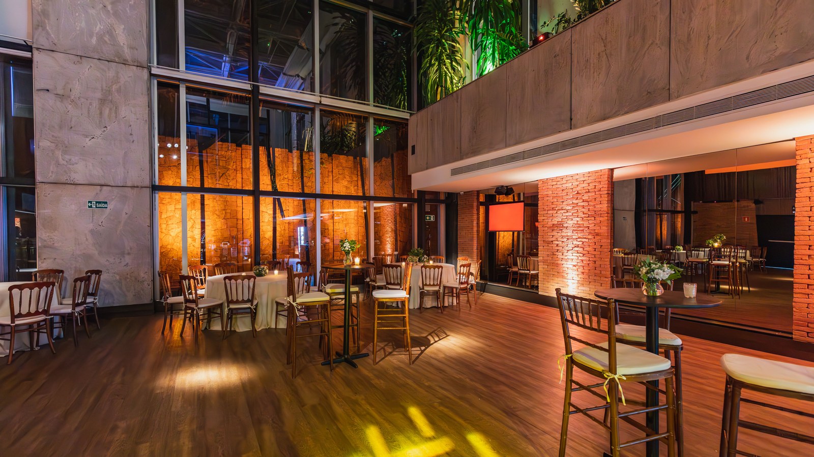 A stylish event venue with warm ambient lighting